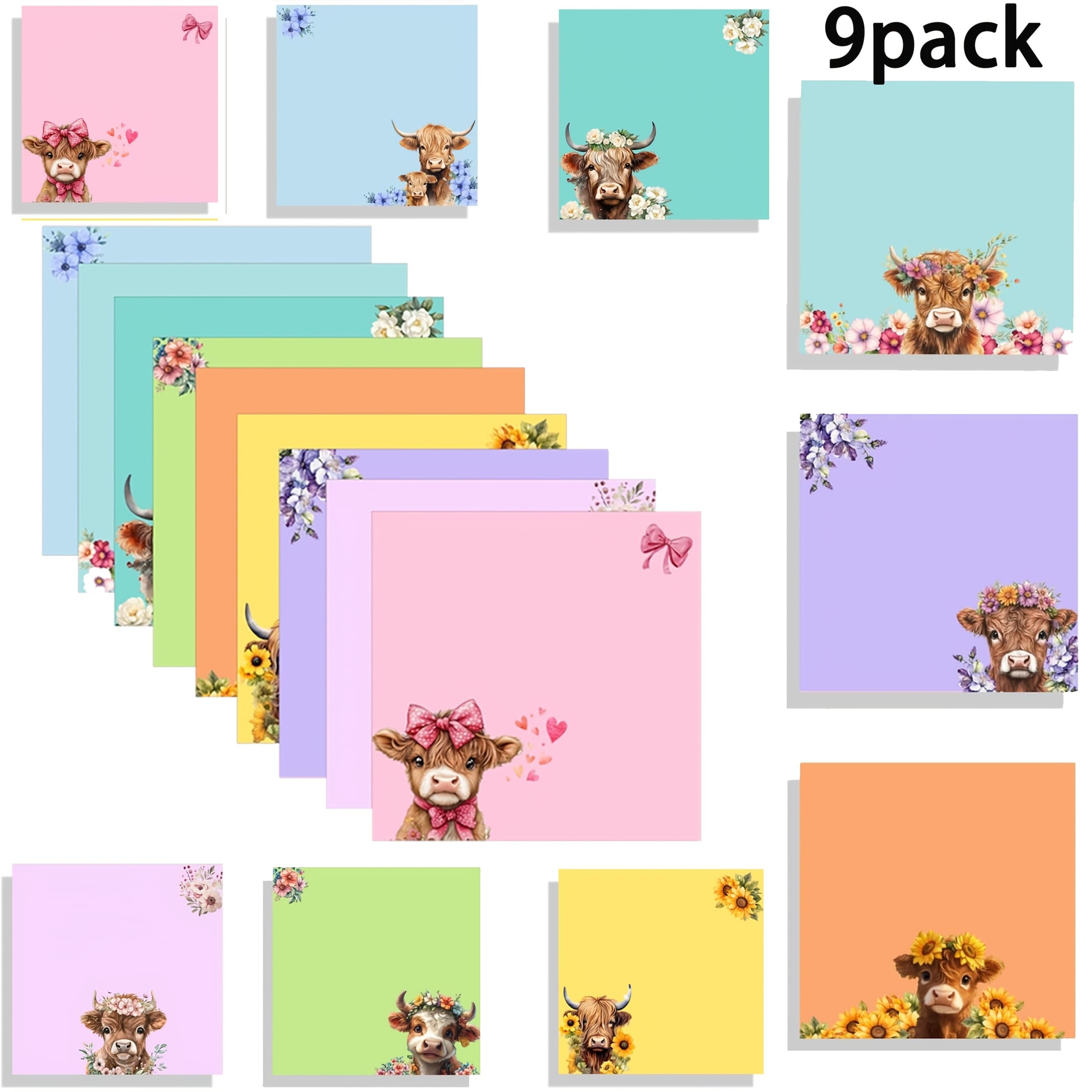 TEMU 9 Highland Cow Sticky Note Sets, Cute Self-adhesive Notepads, Super Strong Cards, Office Decoration Gifts, Desktop Additions For Students, Teachers, And School Supplies, 3x3 Inches