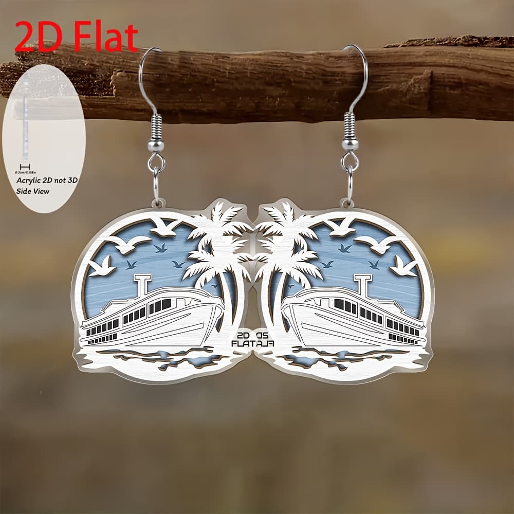 TEMU 2d Flat - Earrings Featuring A 2d Design Of A Ship, , And Coconut Tree, Perfect As Fashionable Jewelry, Party Gifts, And Holiday Presents For