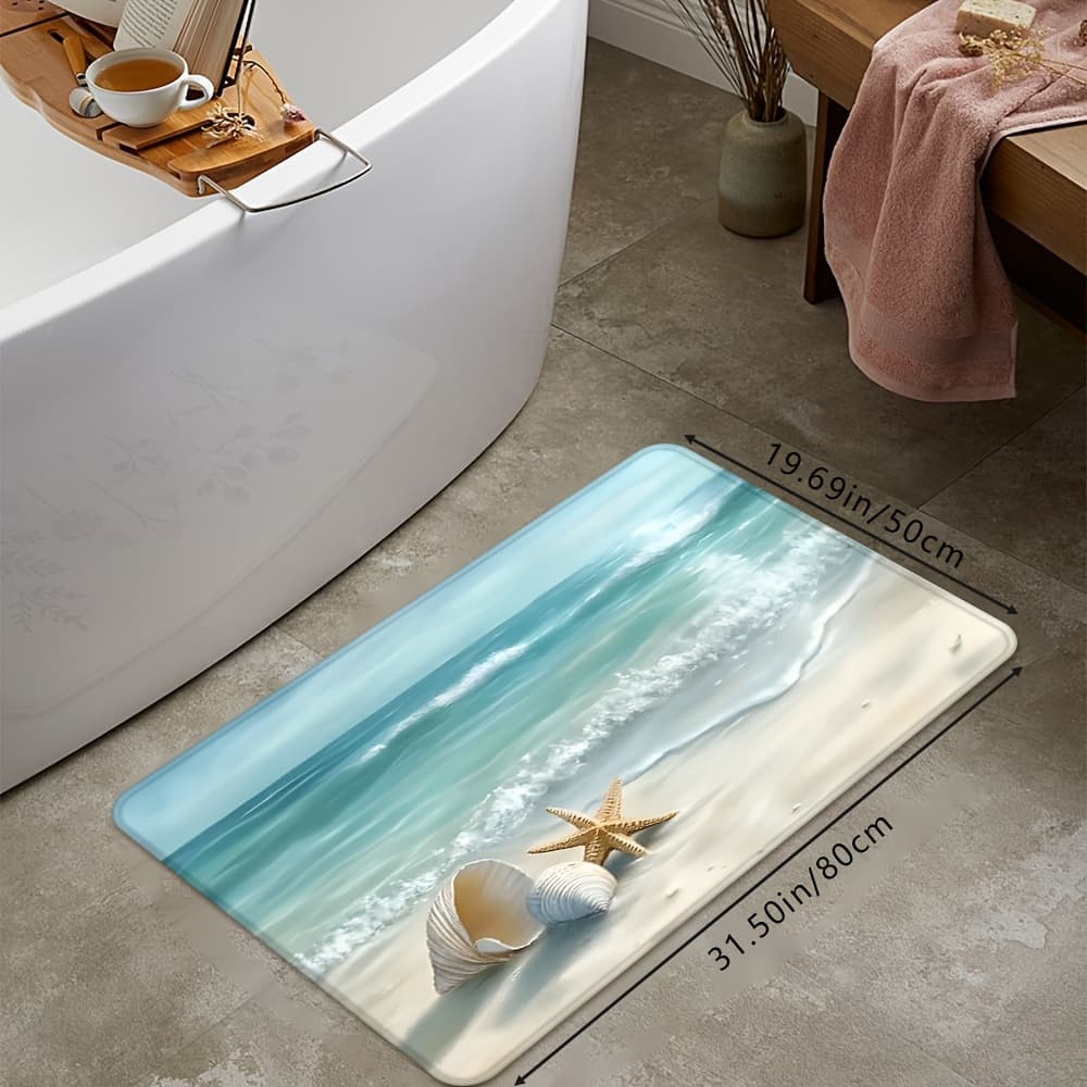 TEMU 1pc Creative Summer Seashell Starfish Wave Pattern Beach Theme Bathroom Mat, Suitable For Bathroom, Toilet, Kitchen, And Other Summer Decorations