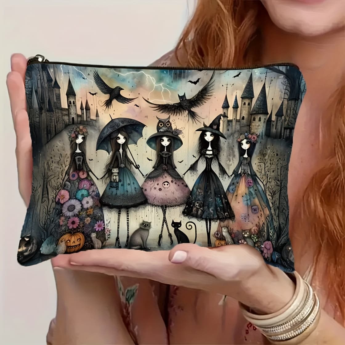 TEMU Multifunctional Gothic Makeup Bag - Featuring Witch, Black Cat, And , Portable Travel Pouch, Ideal For Travel, Snacks, , With Stylish Castle Pattern, Perfect Gift For Sisters, For Halloween