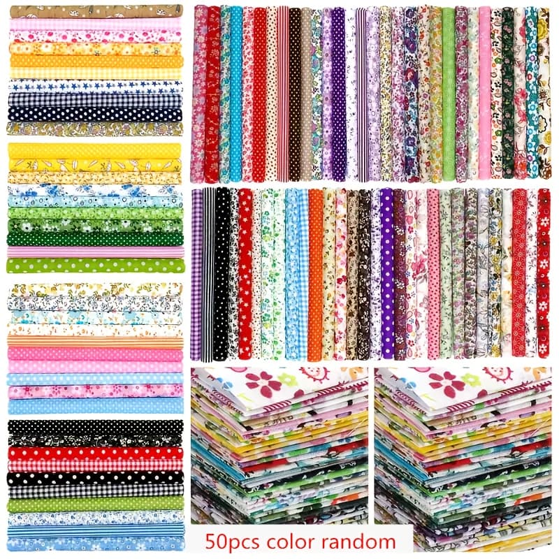 TEMU 50pcs 10x10 Inch Floral Sewing Fabric Pre-cut Quilting Squares, 100% Cotton, Hand Wash Only, Vibrant Floral Patterns, Polka Dots, Stripes & Solid Colors For Quilting, Crafts & Doll Clothes