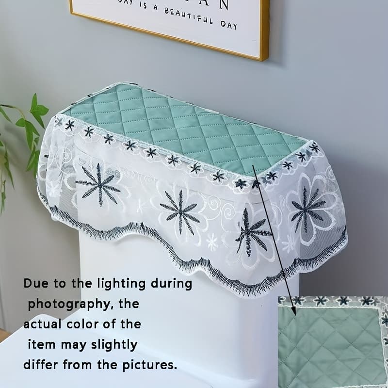 TEMU Universal Toilet Water Tank Cover With Decorative Lace Trim - Super Polyester Bathroom Decor, No Electricity Needed, Conceals Unsightly Tank For Modern & Traditional Bathrooms
