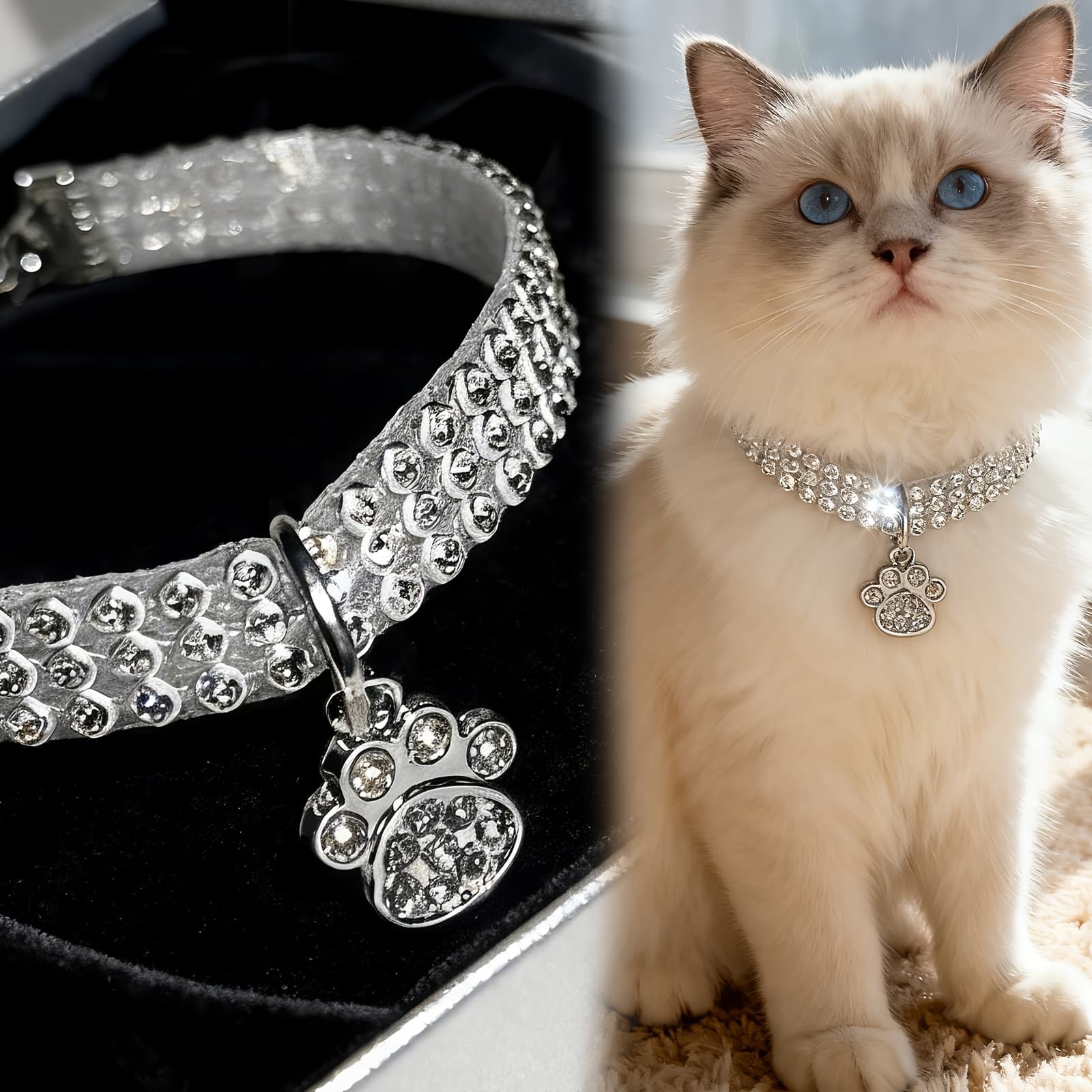 TEMU Gift Cat Paw Necklace, Alloy With Inlay, 3 Of Rhinestones + Cat Paw Pendant, Cat Necklace, Sparkling And Exquisite With Adjustable Length, Suitable For Ragdoll, Golden , And Other Cats As Well