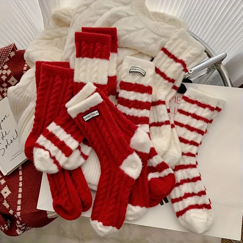 TEMU 5 Double-thickness Women's Mid-calf Socks With Red Stripes Warm And Soft, Winter Socks With Red Stripes Warm And
