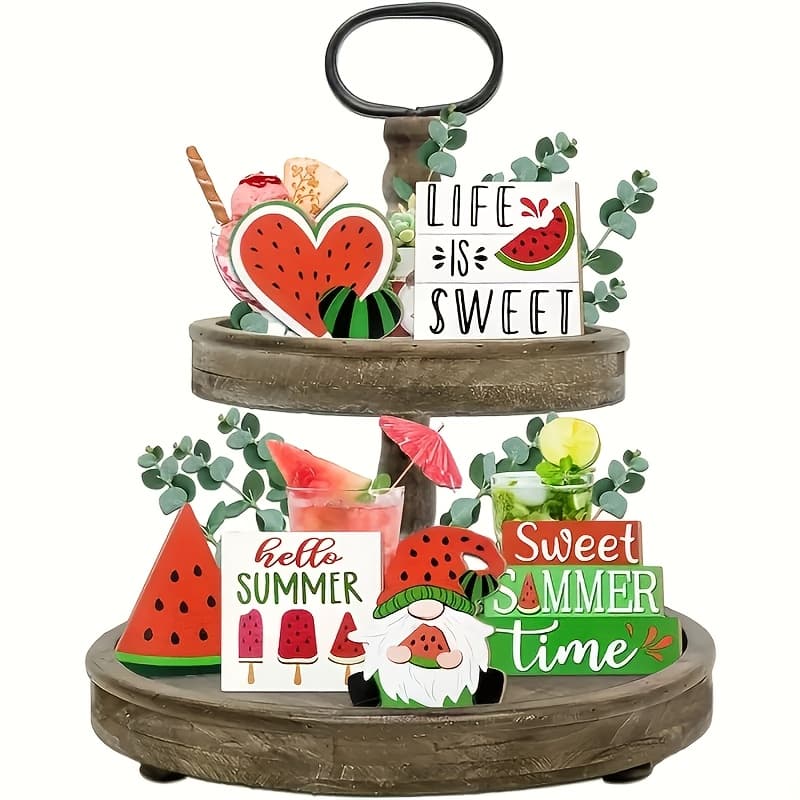 TEMU Summer Party Table Centerpiece, Farmhouse Watermelon Home Decor, Hello Watermelon Sign, Rustic Tiered Tray For Home, Daily Gift, Wall Decor, Bedroom Indoor Outdoor Decor, Easter Decoration