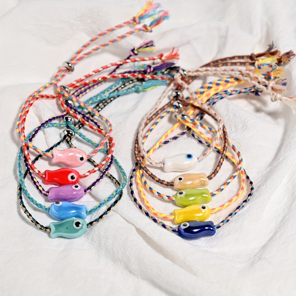 TEMU 10pcs Set Ceramic Fish Bracelet For Woven Colored Rope Boho Wrap Charm Bracelet Friendship Popular Jewelry