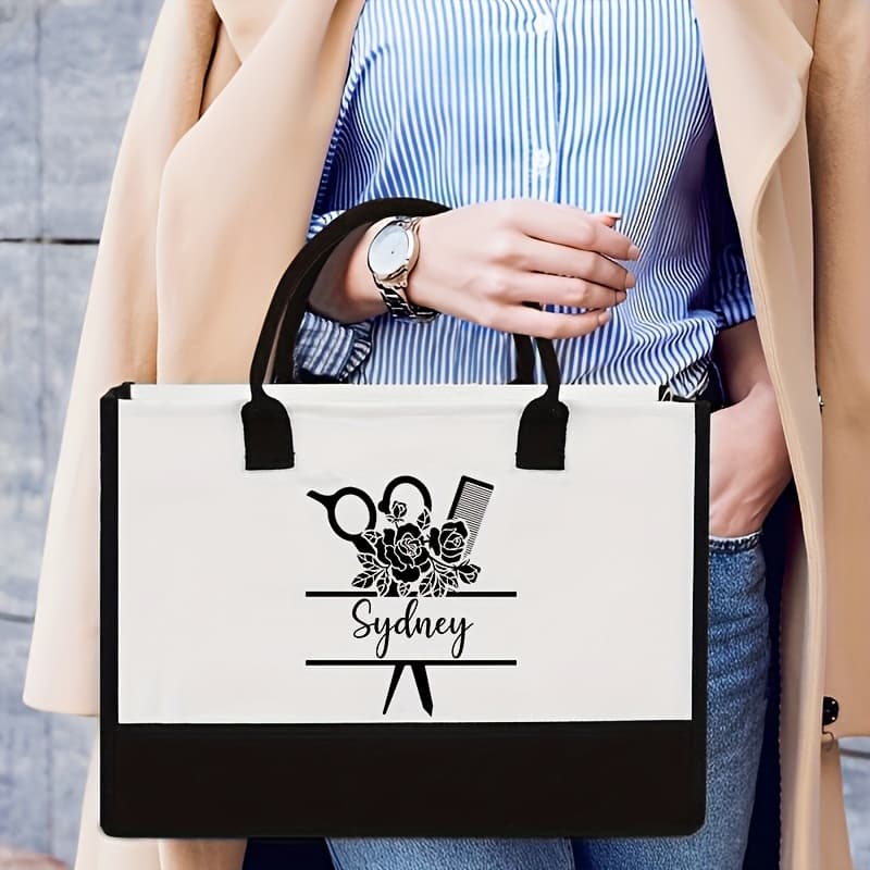 TEMU Custom Name Hair Pattern Monogrammed Large Personalized Beach Bag For Women, Fashionable Foldable Tote, Unlined, No-closure, Ideal For Stylist, Beauty School Graduation Gift, Machine Washable