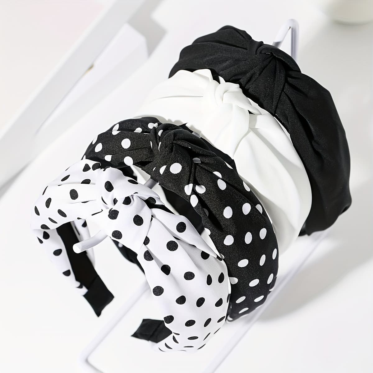 TEMU 4pcs Women's Fabric Black And White Polka Dot Multi-style Temperament All Matching Headband, Knot Wide Edge Hair Accessories, Suitable For Daily Use