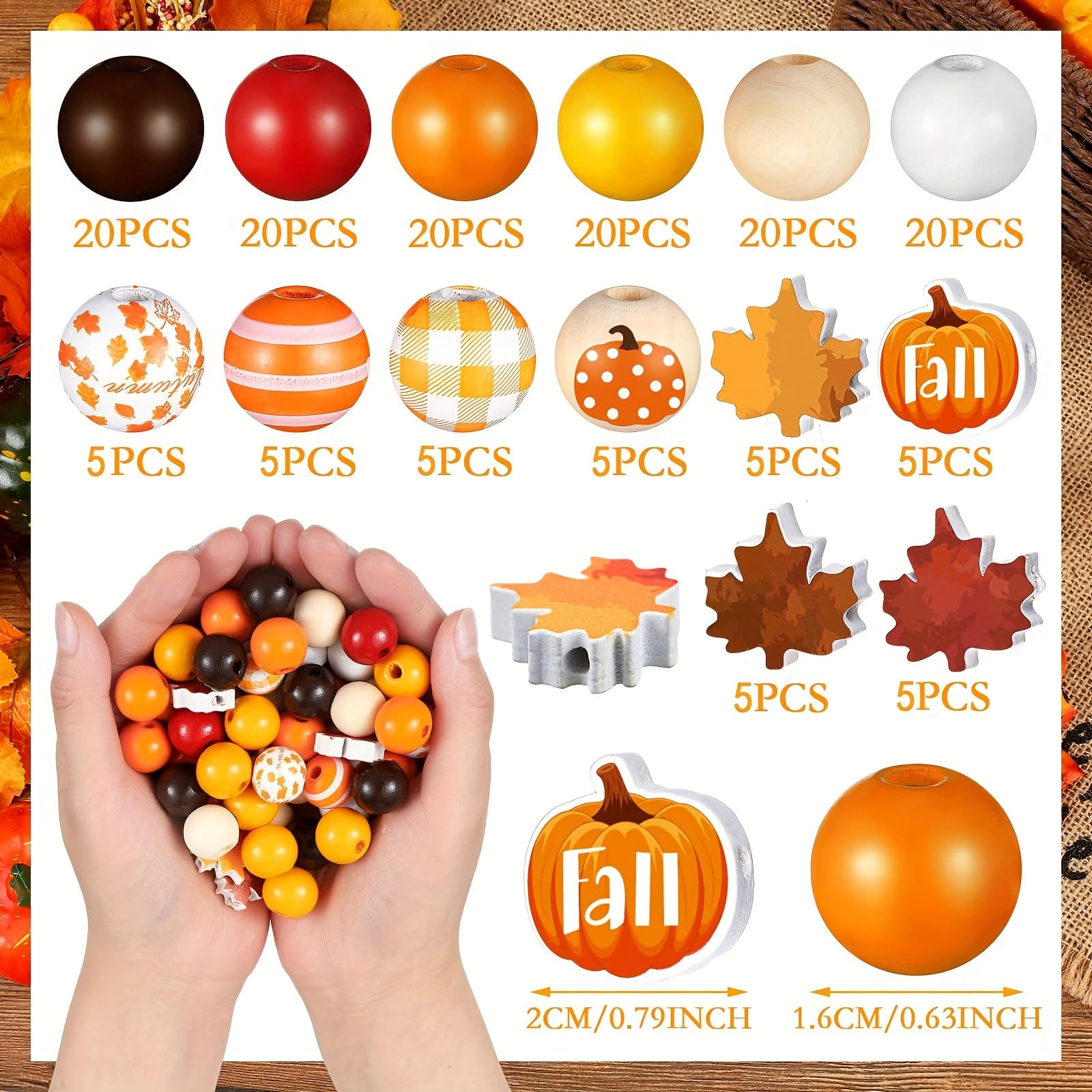 TEMU Efrey 160pcs Fall Wooden Beads Thanksgiving Orange Craft Beads Pumpkin Maple Leaf Gnome Colorful Round Beads For Halloween Craft Jewelry Making Home Party Decor