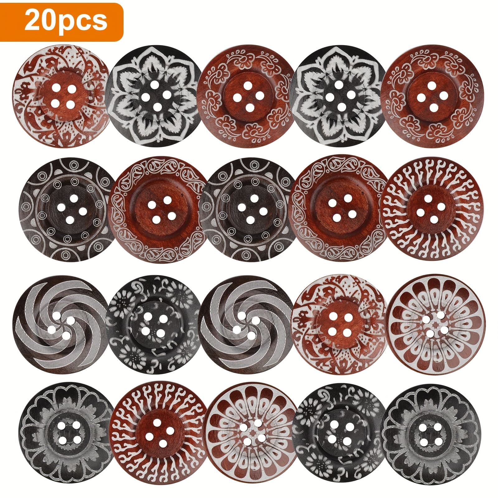 TEMU 20/40pcs 2.4" Large Wood Buttons, Retro Sewing Buttons With Intricate Floral Carvings, 4-holes Circular Buttons, For Sewing, And Diy Crafts