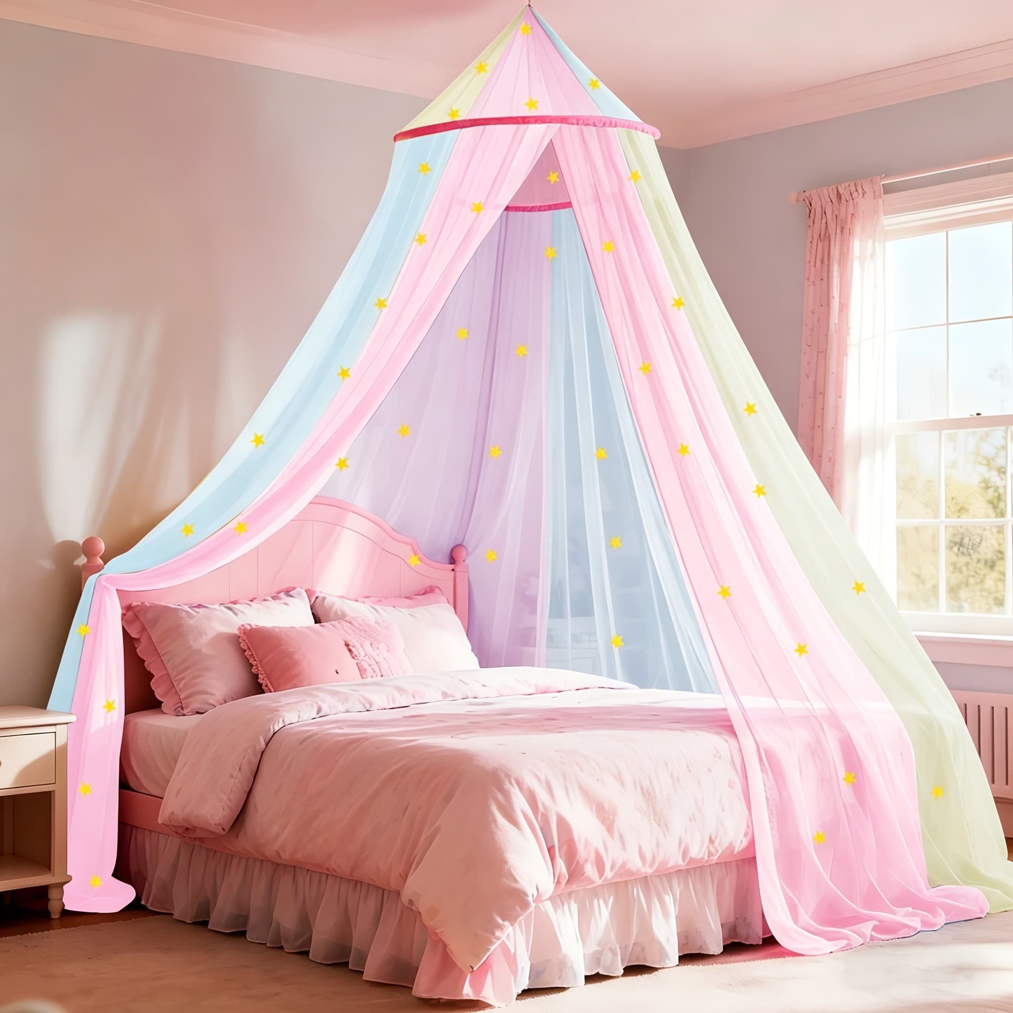 TEMU Princess Rainbow Bed Canopy For Christmas With -the-dark Stars, Colorful Canopy Curtains Fits Single Full, Queen Size Bed, Bedroom Additions, Netting Room Decor, Ceiling Tent