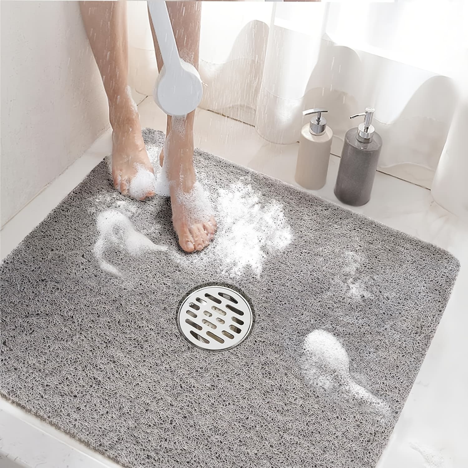 TEMU Square Shower Mat, Non-slip Bath Mat For Tub, Soft Pvc Loofah Bathtub Mats With Drain Holes, Quick-dry Bathroom Stall Floor Mat Without Suction Cup, 24 X 24 Inches