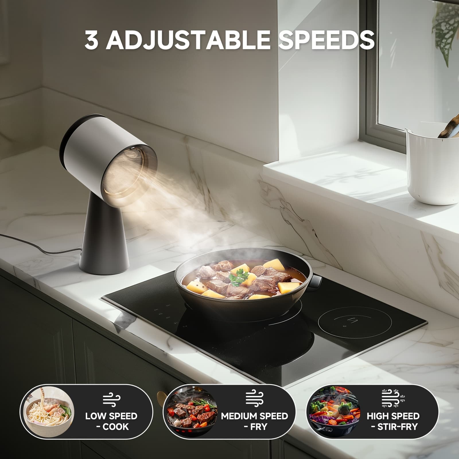 TEMU Amzchef Desktop Range Hood - 3-speed Turbo Ventilation, Detachable 3-stage Filter (polymer ), 3m3/min Airflow, Led Light Overflow Cup - No Installation For Apartments/rvs