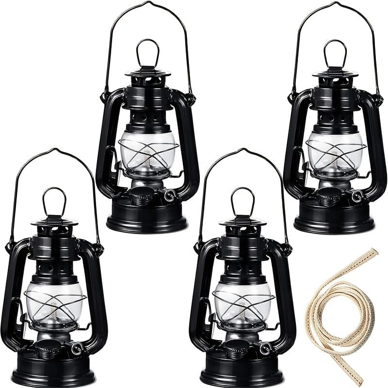 TEMU 4pcs Oil Lamp Hurricane Lamp Kerosene Lantern For Decorative Hanging Oil Lantern With Wick For Hiking Emergency Camping Party Decoration Black