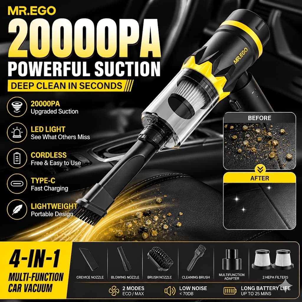 TEMU Handheld Car Vacuum Portable Cordless, 20000pa High Power Vacuum Cleaner And Air Duster, Mini Vacuum With Multi-nozzles For Small Jobs, Car, Home, Desk, Keyboards (black)