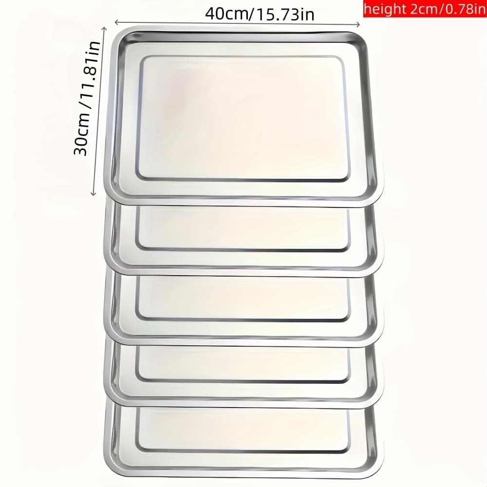 TEMU 5pcs Set Of 40cm X 30cm Stainless Trays - Large Size, Dishwasher Safe, Suitable For Bbq, Snacks, Fruits, Etc. - For Family Dinners And Restaurant Use