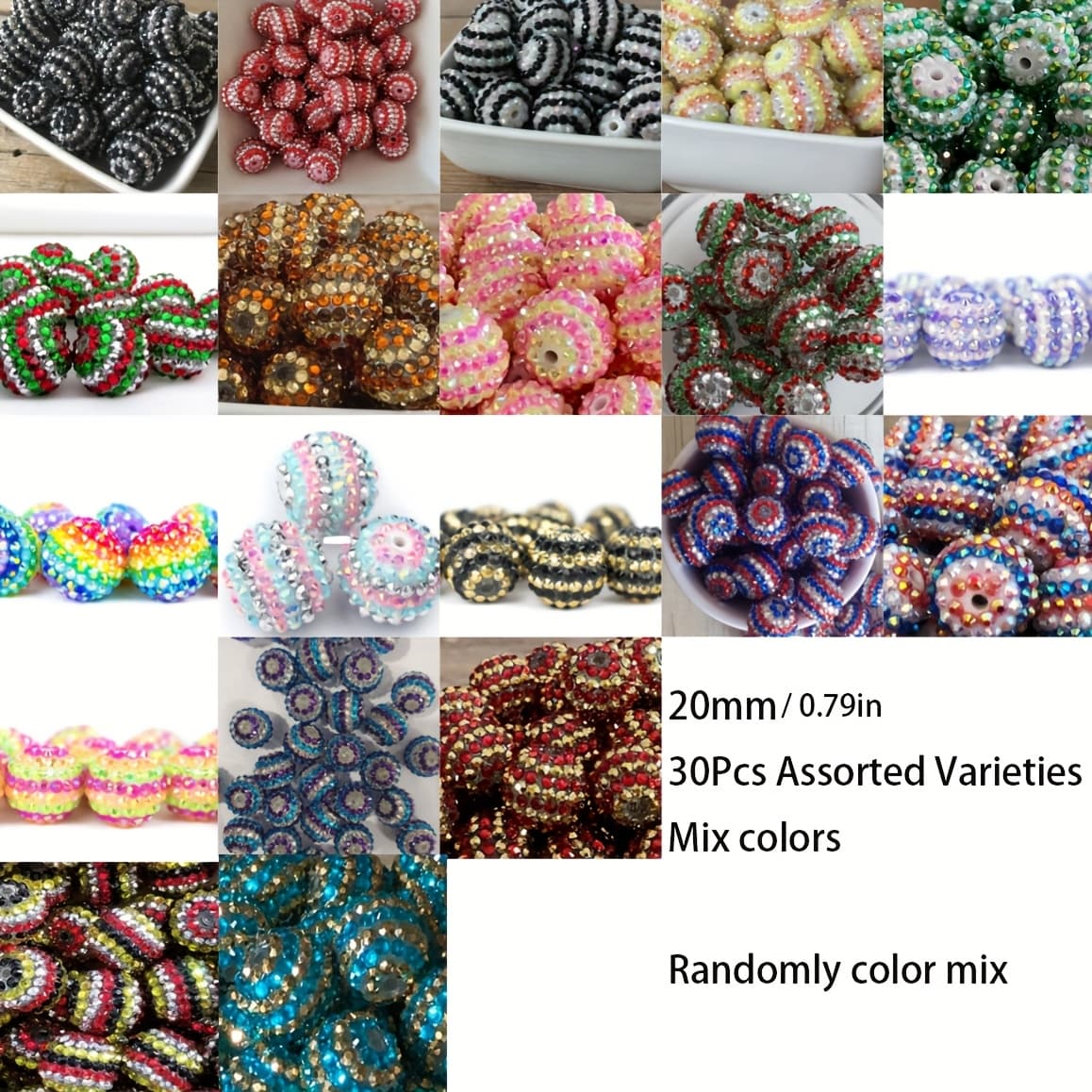 TEMU 30pcs 20mm Striped Round Beads, Pave Disco Ball Beads Chunky Bubblegum Beads Glitter Beads For Crafts Pens Jewelry Making, Assorted Varieties Mix Colors