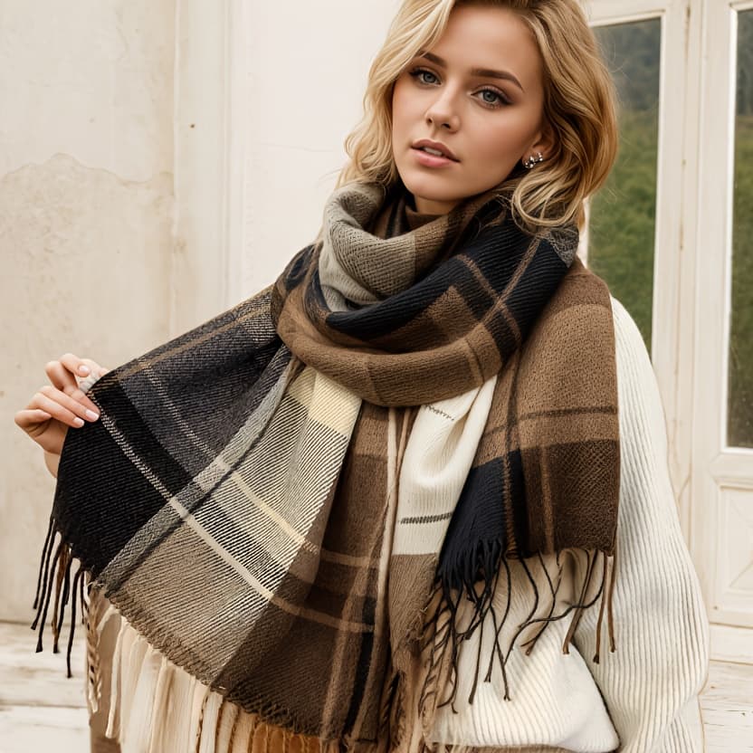 TEMU Fashionable Scarf, Coffee Color, Blue, Fashionable Tassel Pattern, Fashionable Item, Essential For Holiday Parties