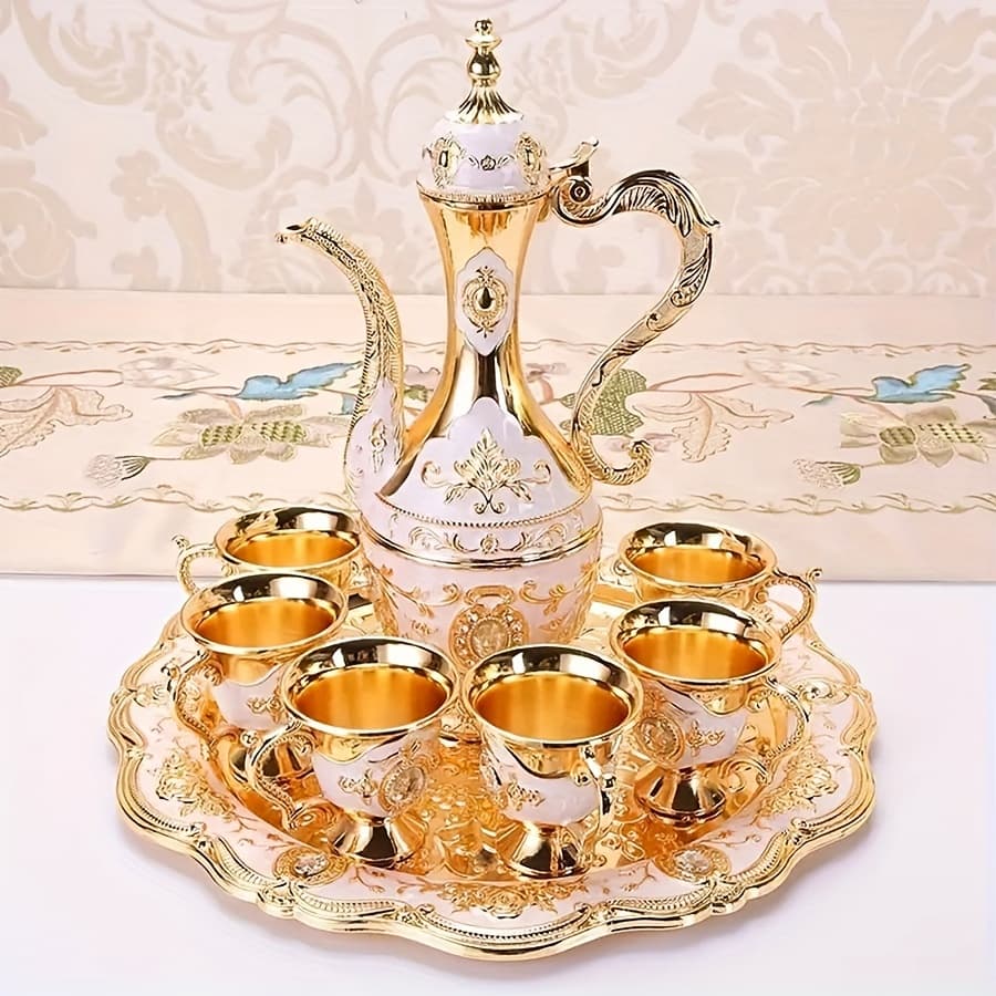 TEMU Alloy Material, A Stylish And Durable Set Of Pot, European-style Tea Set, 6 Luxurious Coffee Cups, Elegant And Guest Drinking Utensil Set, Tray And Teapot, Used For Tea, Coffee, Cappuccino.