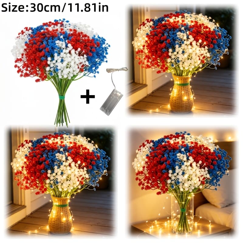 TEMU 20pcs Patriotic Artificial Flowers With Led String Lights (red, White, And Blue), Featuring Artificial For Ambiance
