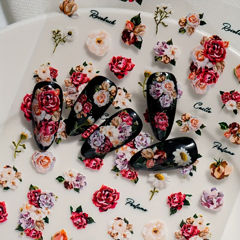TEMU A High-quality And Fresh Nail Art Sticker With Relief , Featuring A Retro And Luxurious Style, With Flowers Such As Roses, Roses, Hibiscus, Etc., Suitable For Personal Diy And Nail Salon Use