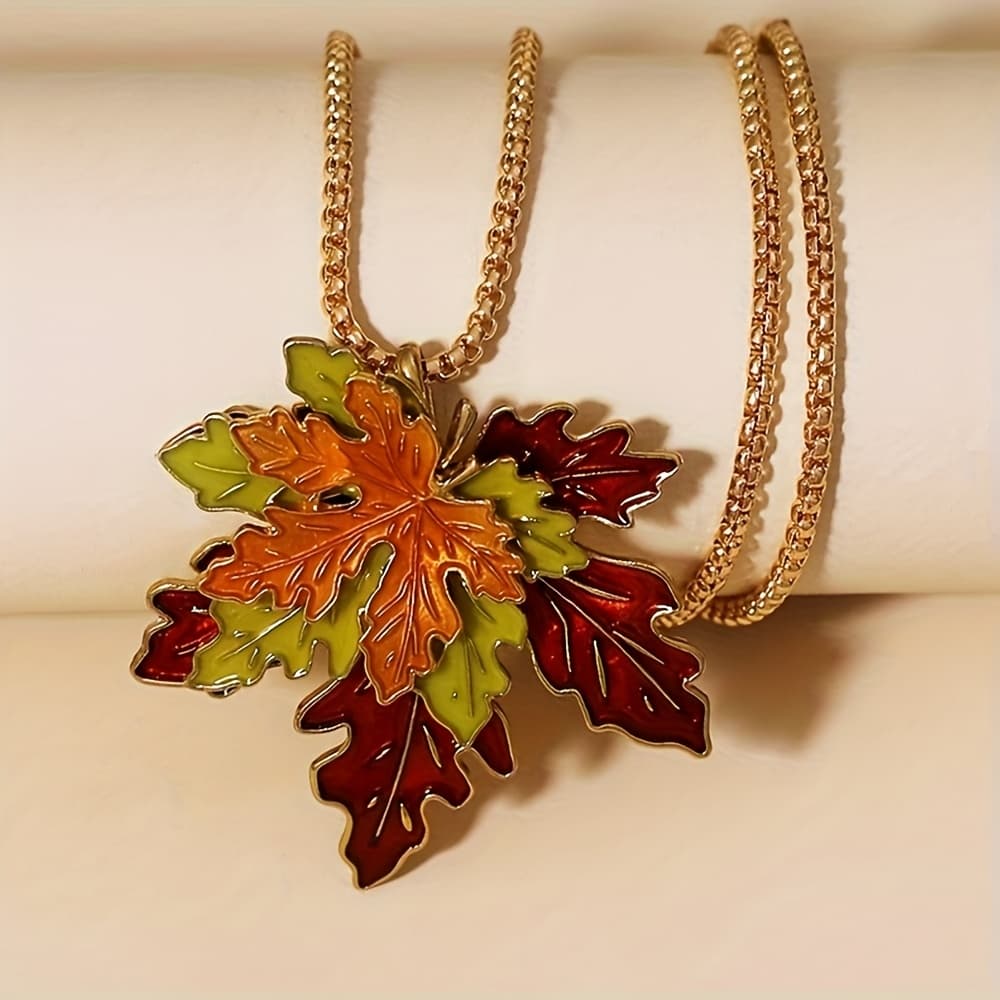 TEMU 1pc Of Fashionable Vintage Bohemian Maple Leaf Drip Oil Necklace, Versatile Autumn And Winter Ivy Maple Leaf Women's Clothing Accessory