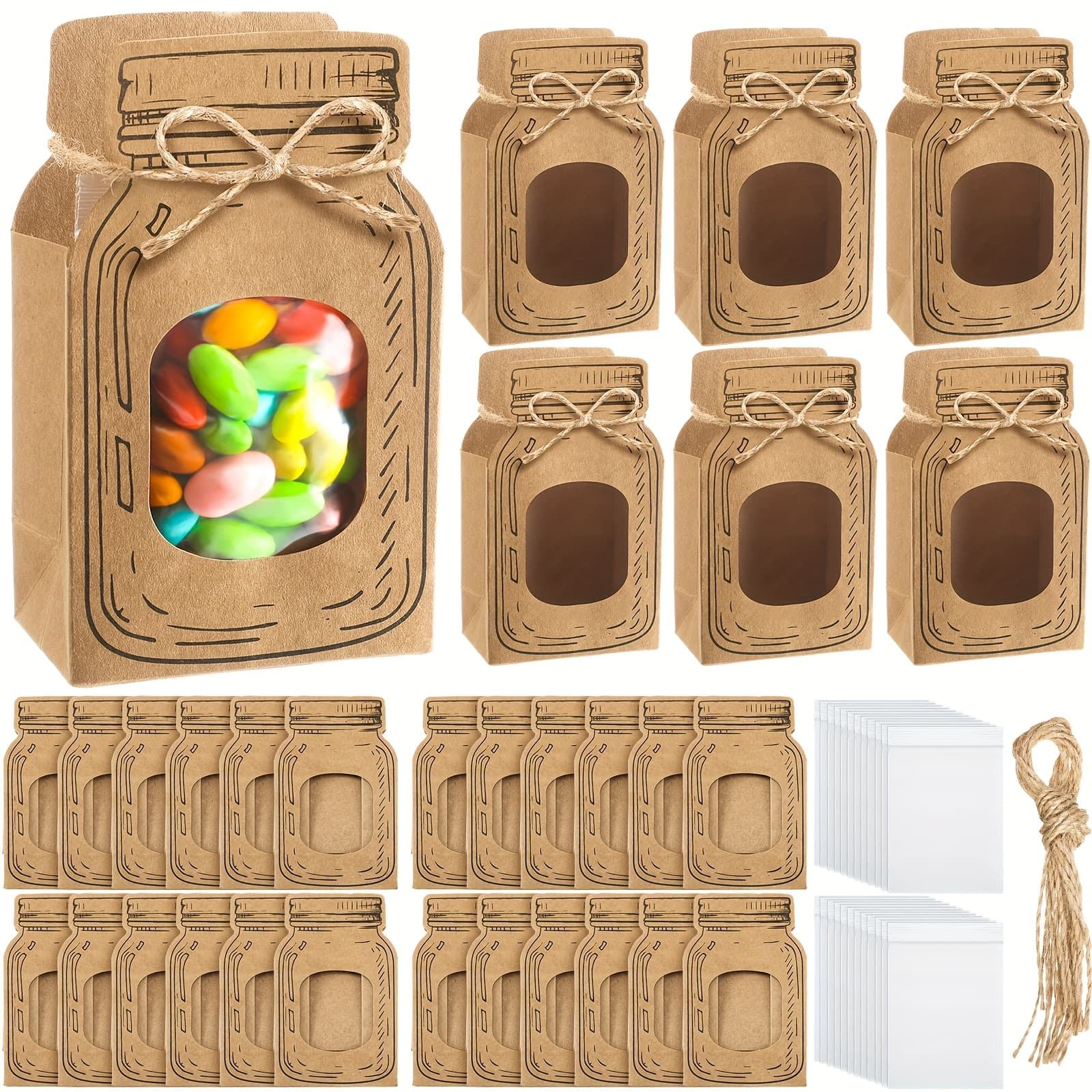 TEMU 24pcs 5. 5 X 3. 4 Mini Paper Mason Jar Bottle Treat Bags With 24 Plastic Bags With Zip 160 Dot Stickers And Hemp Rope Mason Jar Candy Bag For Wedding Birthday Favors