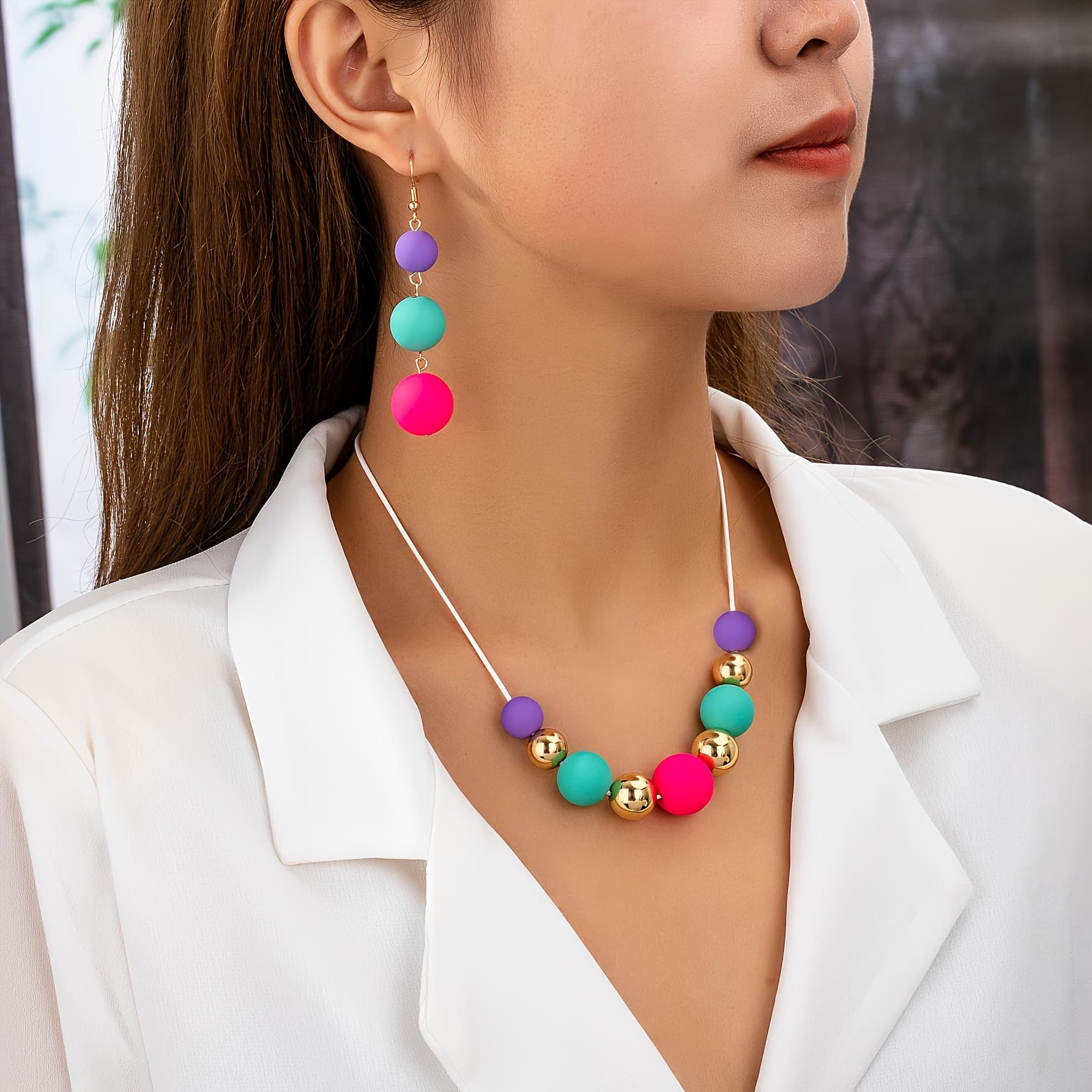 TEMU 1 Set Casual Fashion Candy-colored Women's Necklace And Earrings Set Rope-threaded Acrylic Round Beads Suitable For Vacation And Daily Wear