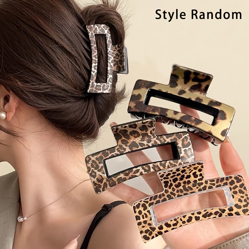 TEMU Women's Leopard Print Hair Clip - Large Non-slip Acrylic Clip For Thick Hair - Vintage Bohemian Style, Random Design