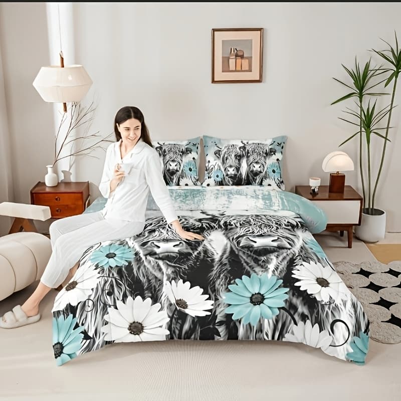 TEMU Comforter Sets Featuring Highland Cows, Perfect Gifts For Men And Women. This Bedding Showcases Bull Cattle And Wildlife Themes, Ideal For A Western Farmhouse Style