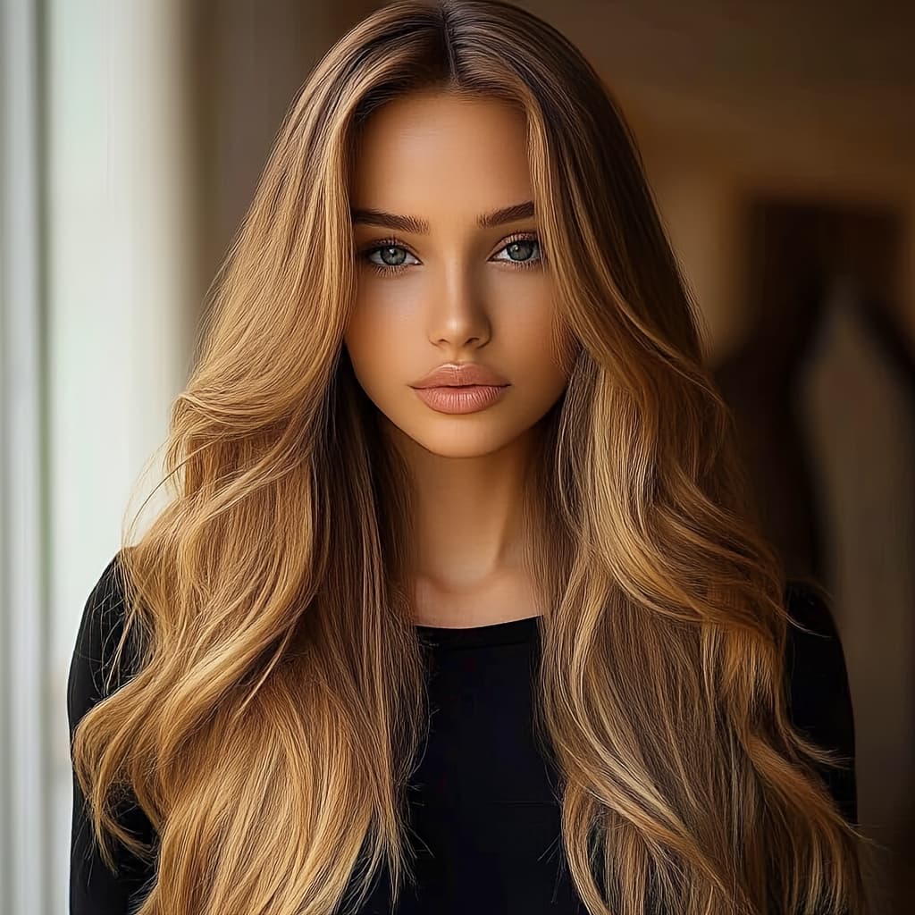TEMU Luxurious Wavy Wig With Ombre Brown Tones And Flattering Bangs - -resistant Synthetic Hair For Versatile Daily And Party Looks