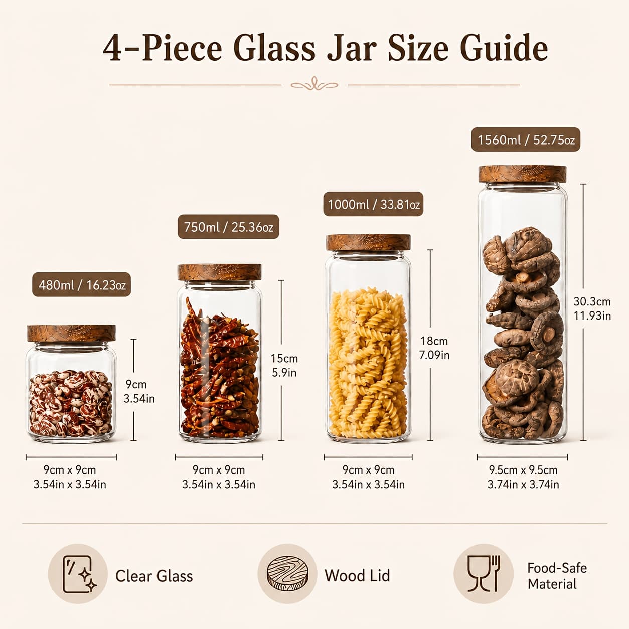 TEMU 4pcs Sealed Glass Storage Tank With Wooden Lid - Food Grade Transparent Kitchen Storage Container For Coffee Beans, Spices, Snacks And - Durable Catering Organization Supplies
