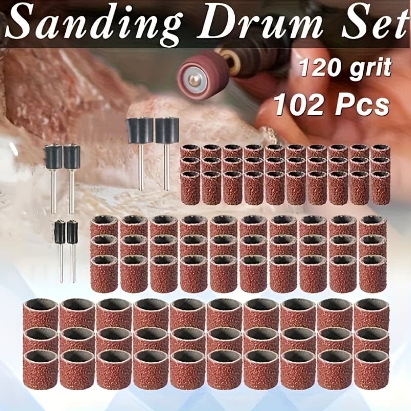TEMU Set Of 102 Drum Sanding Bands And Sleeves For Grinding, Including Electric Mill Accessories And Cylinder Mandrels For Rotary Tools.