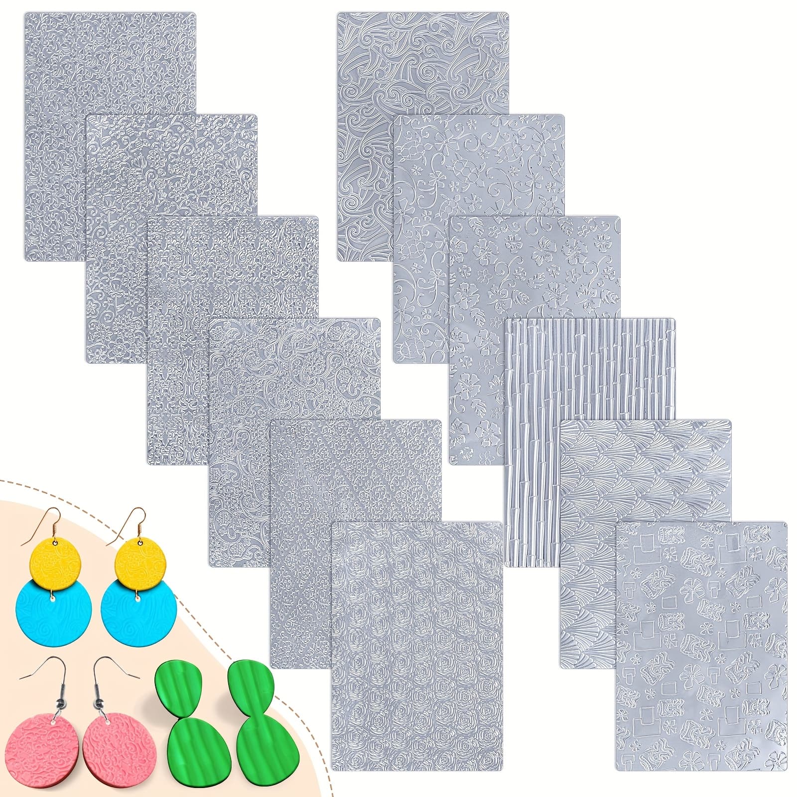 TEMU 12pcs Polymer Clay Texture Sheets For Earrings Jewelry Making 10" X 7" Boho Clay Fondant Texture Mats For Polymer Tools For Pottery Earrings Jewelry Making Crafts