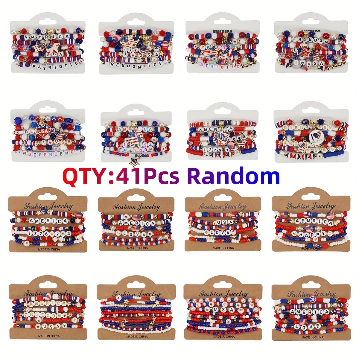 TEMU 10/23/27/35/41pcs American Flag Theme Bracelet Day Beaded Stretch Random Bracelet, Stretchable Red, Elastic Wristband With Flag Shape Usa Theme - Perfect For Day Celebrations And