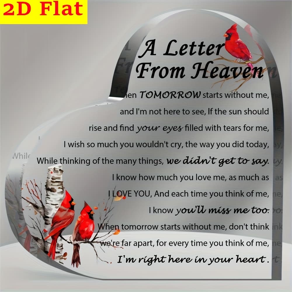 TEMU 2d Flat, Red Bird Memorial Keepsake - Acrylic Heart-shaped Desktop Decor Sympathy Gift With Poem, Remembrance For Loss Of , Mother, Father, Husband, Son, Or Family , 2d Flat