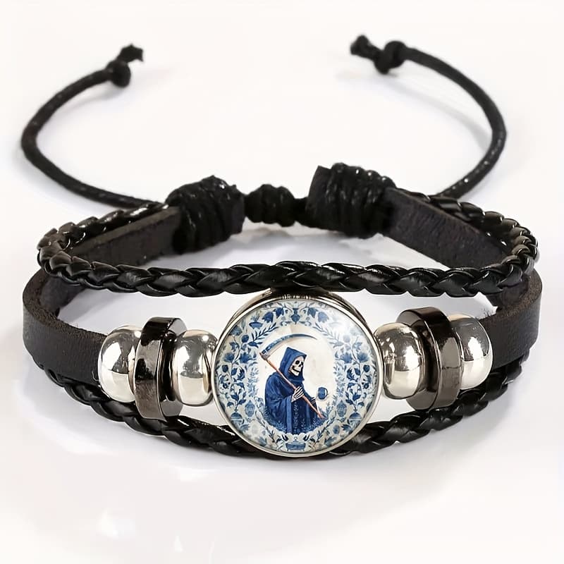 TEMU Adjustable Vintage Bracelet With Themed Earrings And Skull Reaper Pendant - Stylish Black Leather Wristband For Casual Attire Gift , For Teenager