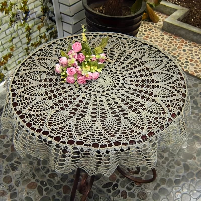 TEMU Round Vintage Hand-crocheted Tablecloth - Hollow Beige Cotton Fluff, Coffee Table Dust Cover, Home Decoration