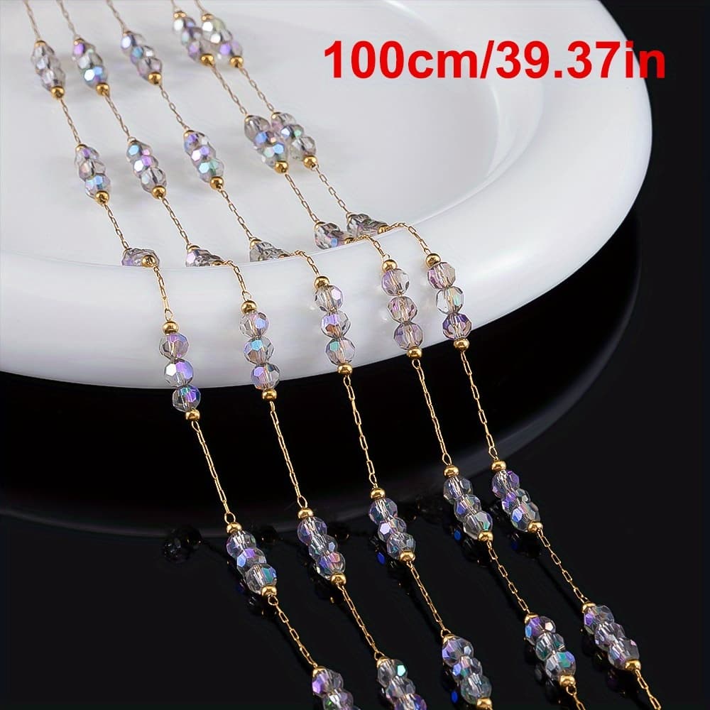 TEMU 1 Meter Stainless Steel Three-bead Glass Bead Chain For Diy Bracelet Necklace Jewelry Making