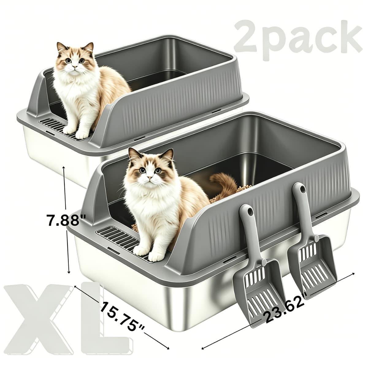 TEMU 2pack Stainless Steel For Cat Litter Box With Lid, High-sided Metal Litter Pan For Cats, Small/medium/large Sizes , Odor-resistant Leak-proof Easy Clean With Scoop