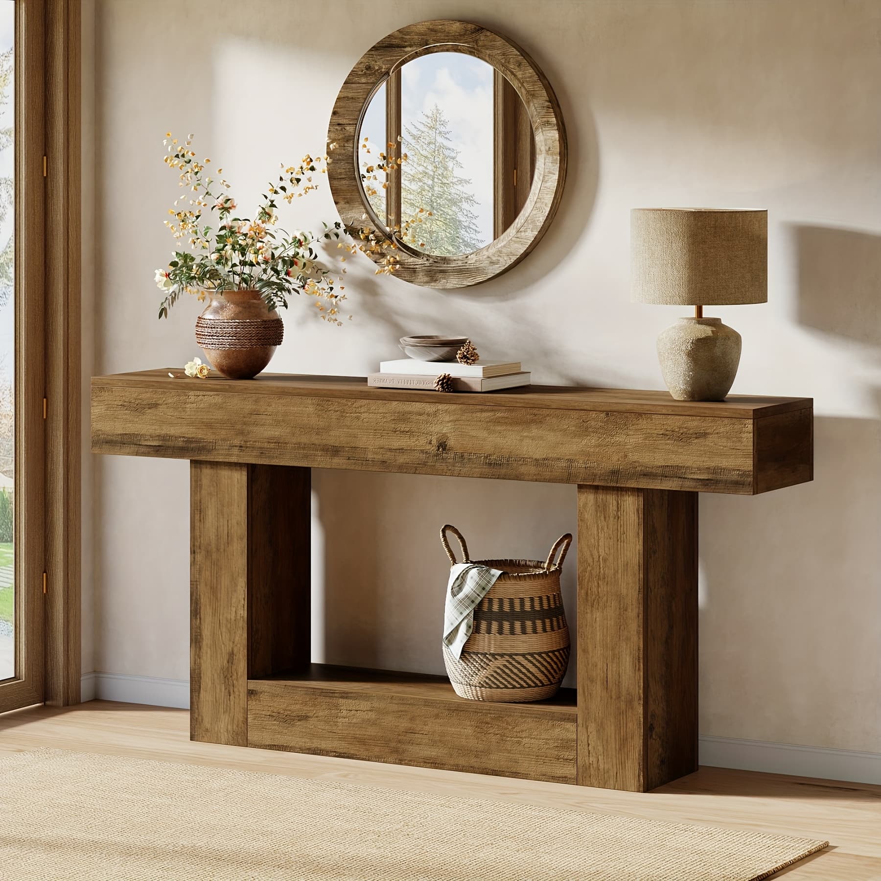 TEMU 63-inch Long 2-tier Farmhouse Console Table, Sofa Table For Behind Couch, Wooden Entryway Table For Living Room, Large Narrow Hallway Foyer Table With Sturdy Base, Rustic Brown End