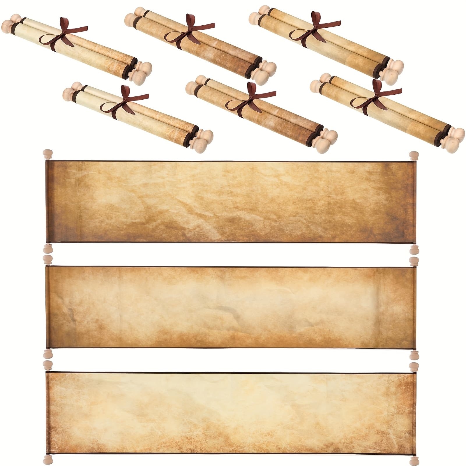 TEMU 6pcs Blank Scrolls Paper With Wood Rods Vintage Old Scrolls Paper With Rods For Writing Drawing Calligraphy Wedding Vows Invitation Cosplay Prop Renaissance Festivals, 7.3 X 30-32 Inch