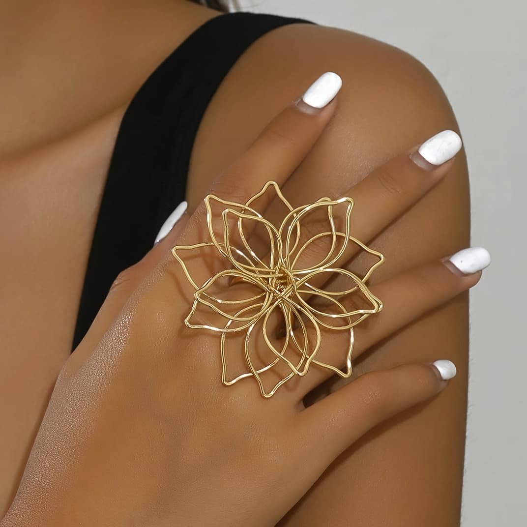 TEMU Minimalist Hollow Out Large Flower Vintage Style Finger Ring Jewelry Decoration Adjustable