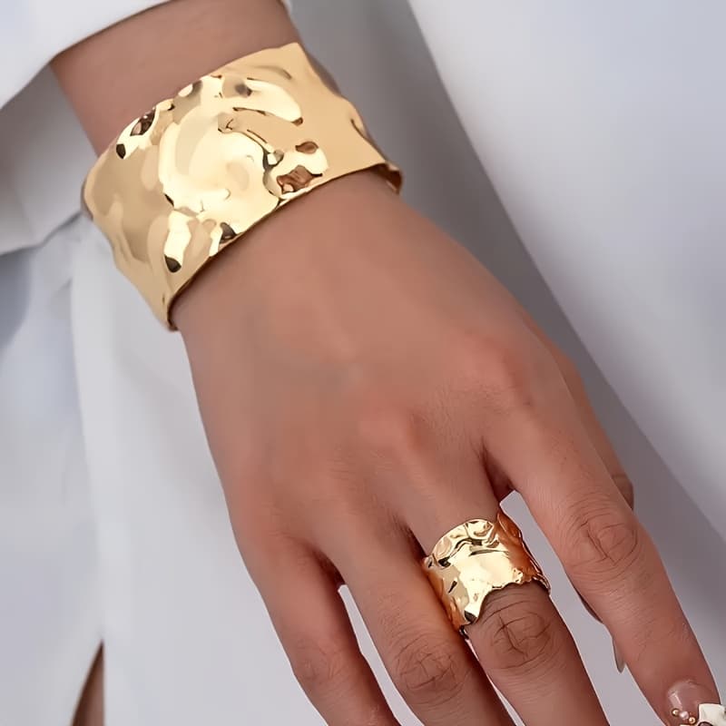 TEMU 2pcs Mirror Polished Wide Bracelet Ring Set, Metal Wide Bracelet Stacking Jewelry, Hypoallergenic Gold Plated Wedding Banquet Accessories