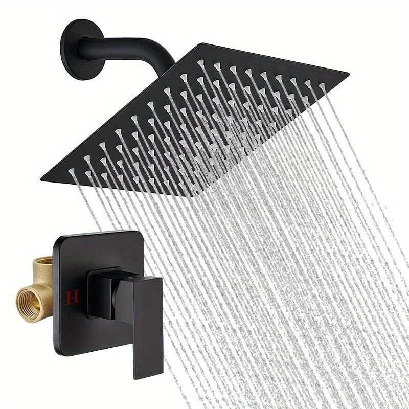 TEMU Square Shower Faucet Set With An 8-inch Shower Head And Handle, Featuring A Wall-mounted Design And A Shower Head Combo, Complete With Valve Kit In Black. For Shower Use For Shower Use