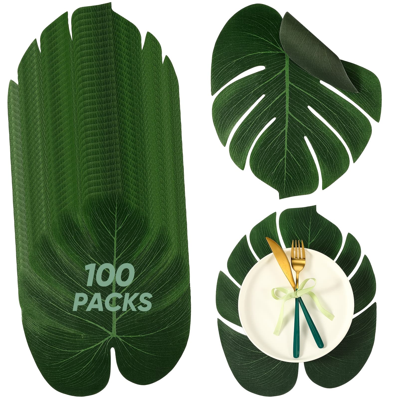 TEMU 100pcs Large Leaf Placemats - Artificial Monstera, 11.4 X 13.8 Inch, Silk Table Decor For , Summer Weddings, Theme, Hawaiian Party Decorations