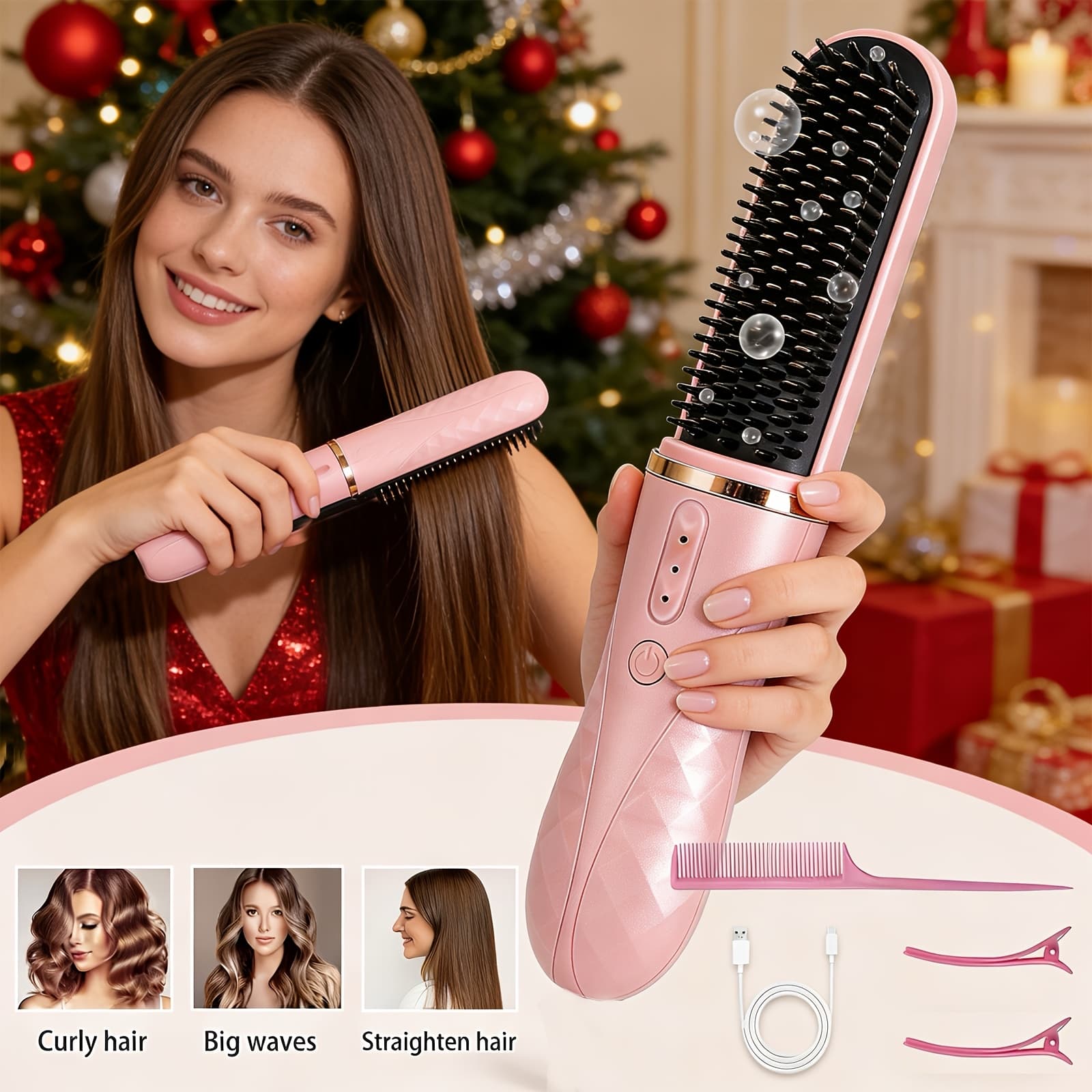 TEMU 1pc Cordless Hair Straightener Brush With 3-level Temperature Control, Usb-c Rechargeable 2000mah Lithium Battery, Portable For Travel, Dual-use Straightening And Curling Styler