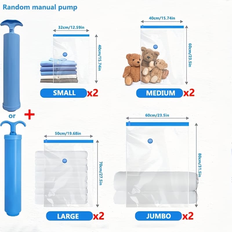 TEMU 8 Sets Of Vacuum Compression Bags For Clothing And Down Comforters, Including Storage Bags For Manual Air Pumps Xl/l/m/s, Used For Travel, Storage And Movement, Bedding Storage, Saving Space