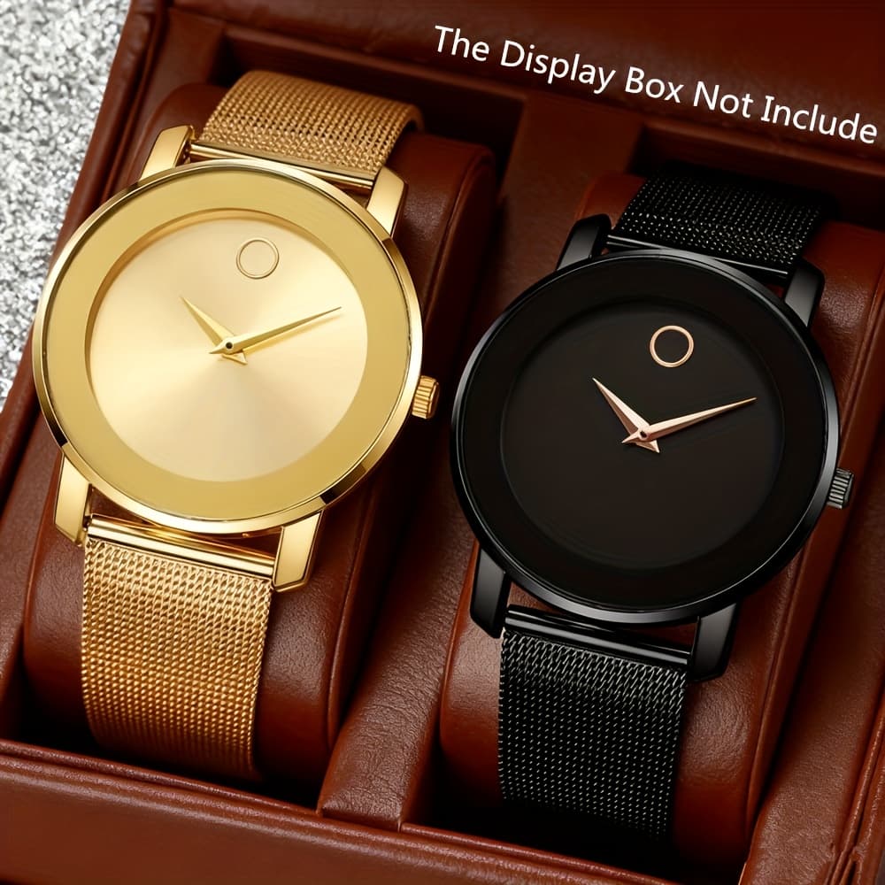TEMU Set Of 2 Minimalist Watches, Men's Business Mesh Strap Quartz Watch (black And Golden)