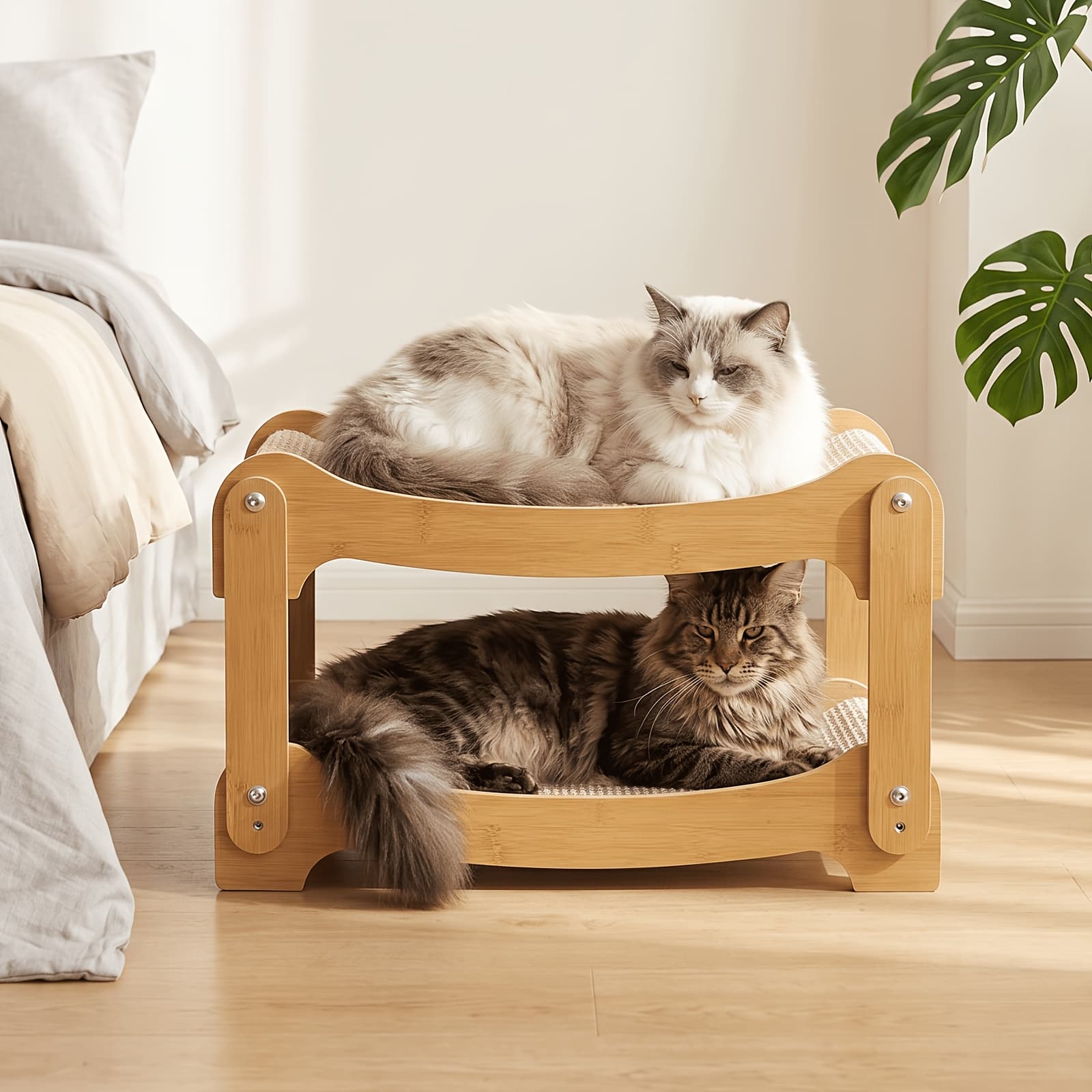 TEMU Double Layer Cat Scratcher Bed, Wooden Cat Bunk Bed With Sisal Scratching Blanket, Extra Large Elevated Cat Bed & Condo For Indoor Cats, Semi-enclosed Warm Cat House, Ideal For Multi-cat Homes